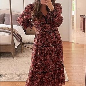 ba&sh Red Floral Long Sleeve Dress
